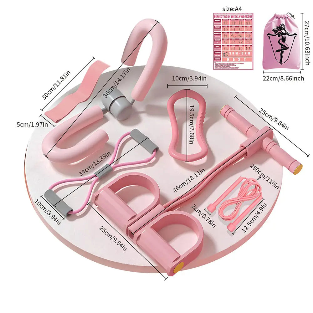 8pcs Yoga Fitness Set Includes Tensioner, Leg Clip, Jump Rope, Yoga Ring, Resistance Band, Action Illustration and Storage Bag