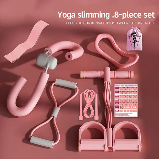 8pcs Yoga Fitness Set Includes Tensioner, Leg Clip, Jump Rope, Yoga Ring, Resistance Band, Action Illustration and Storage Bag